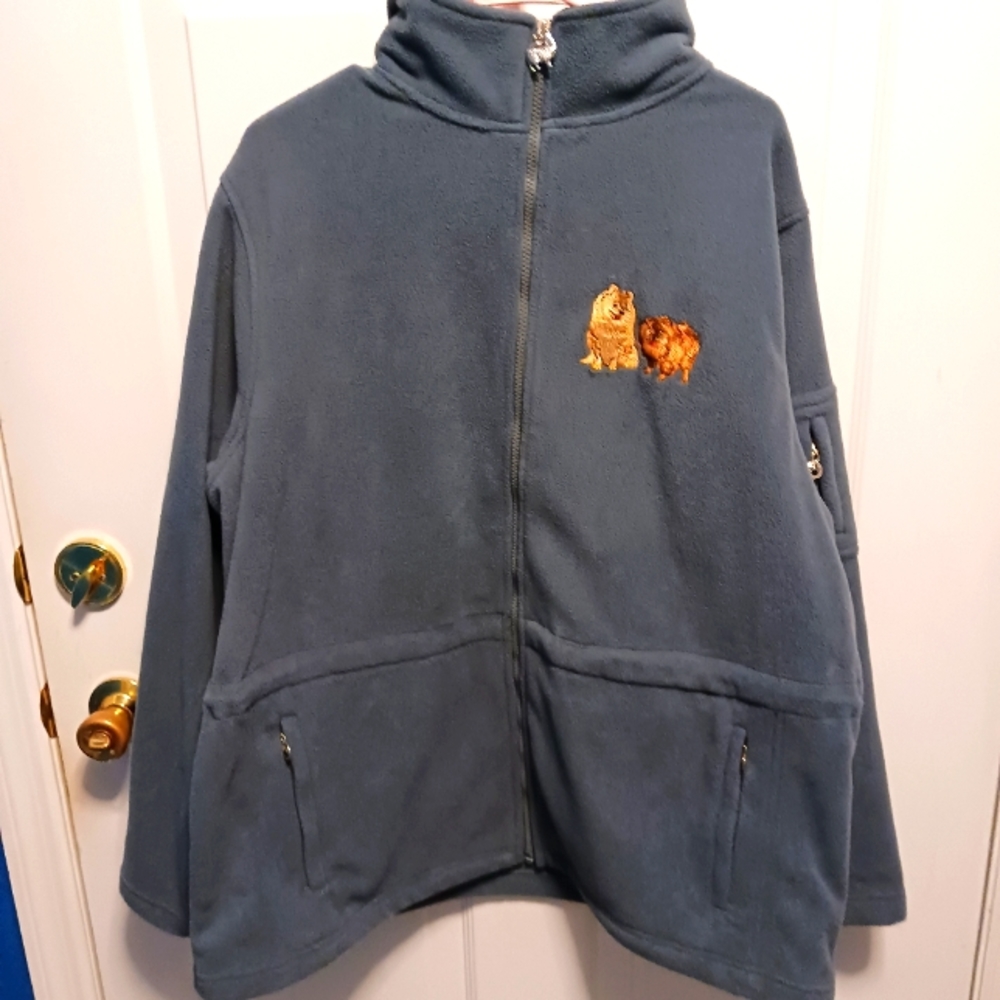 Fleece Dog Jacket Full Zip Gray Embroidered  Pomeranian Pull Gathered Waist